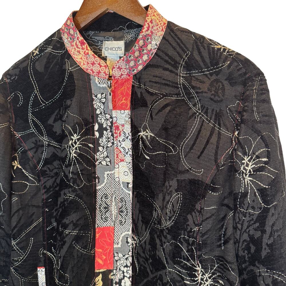 Chico’s Women’s 2 (L) Floral Patchwork Embroidered Jacket Silk Linen Blend READ